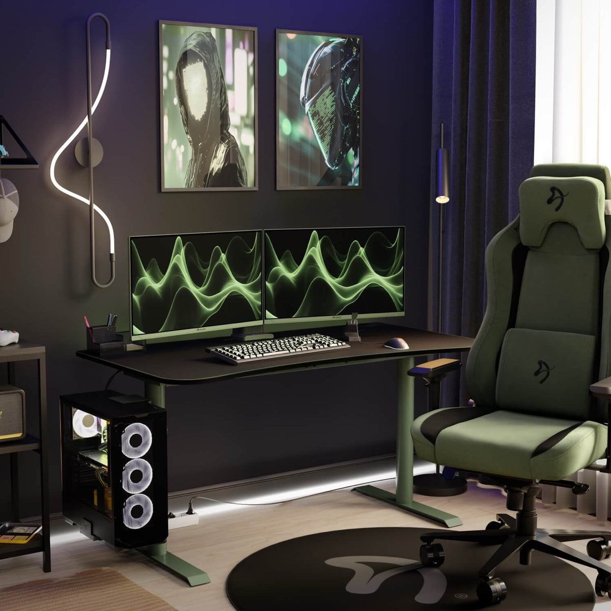 Modern gaming setup with dual monitors, green chair, and Arozzi Arena Medium Mousepad on desk.