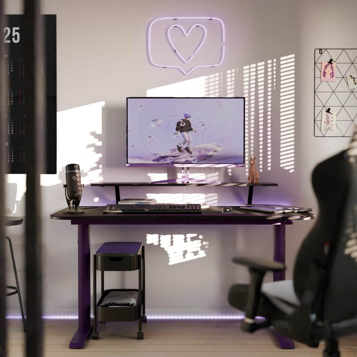 Arozzi Europe Arena Gaming Desk in a modern setup with purple decor and a heart neon light above.
