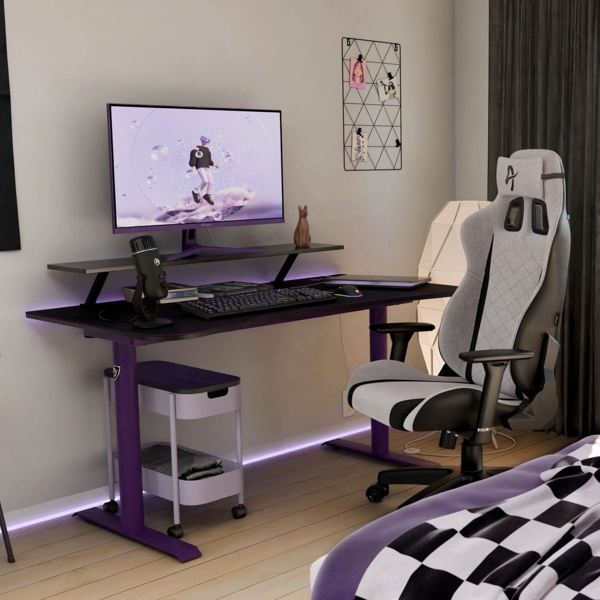 Space-saving Arena Gaming Desk by Arozzi Europe with monitor, keyboard, mic, and chair setup.