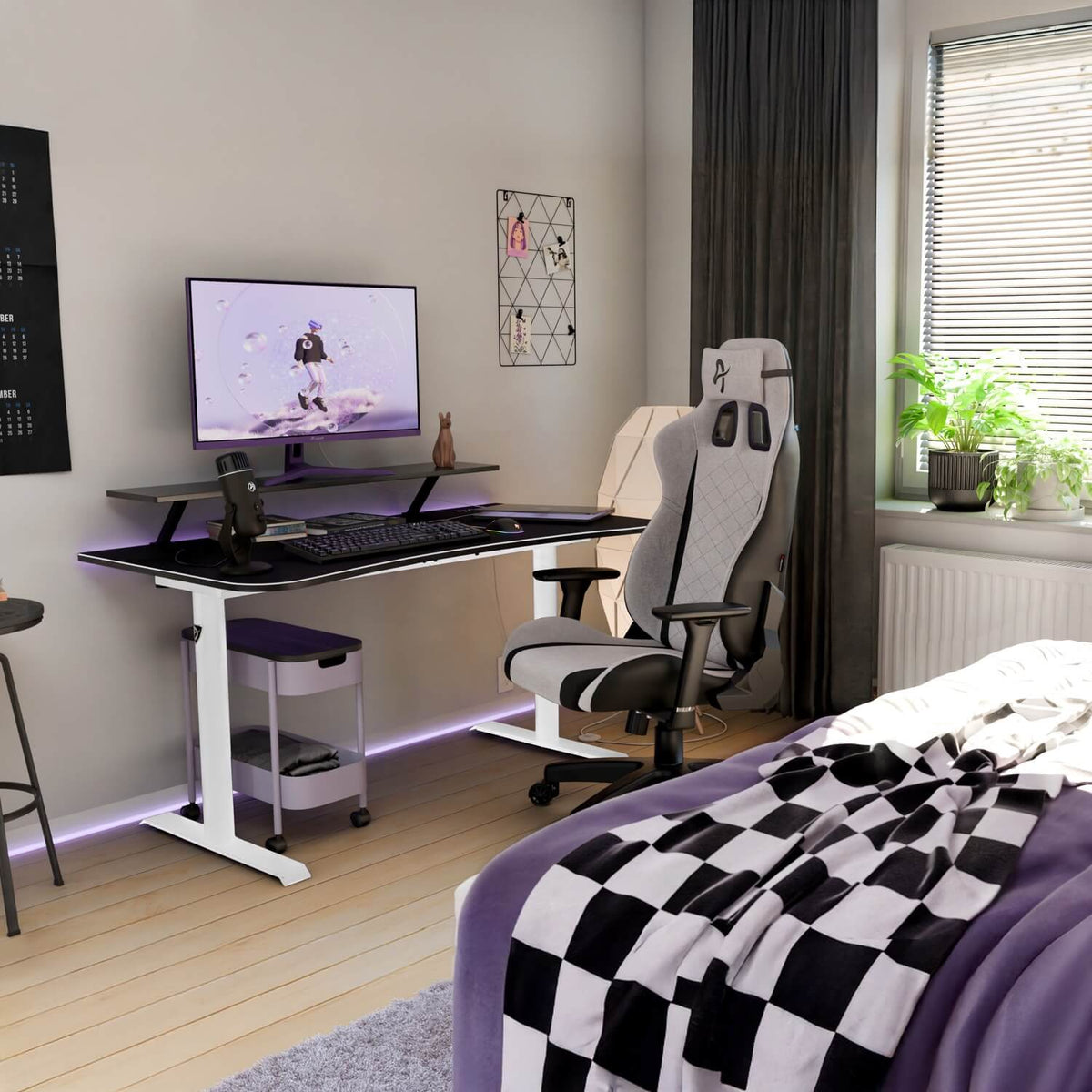 Arena Gaming Desk - Medium by Arozzi Europe in a bright bedroom with a modern, compact design.