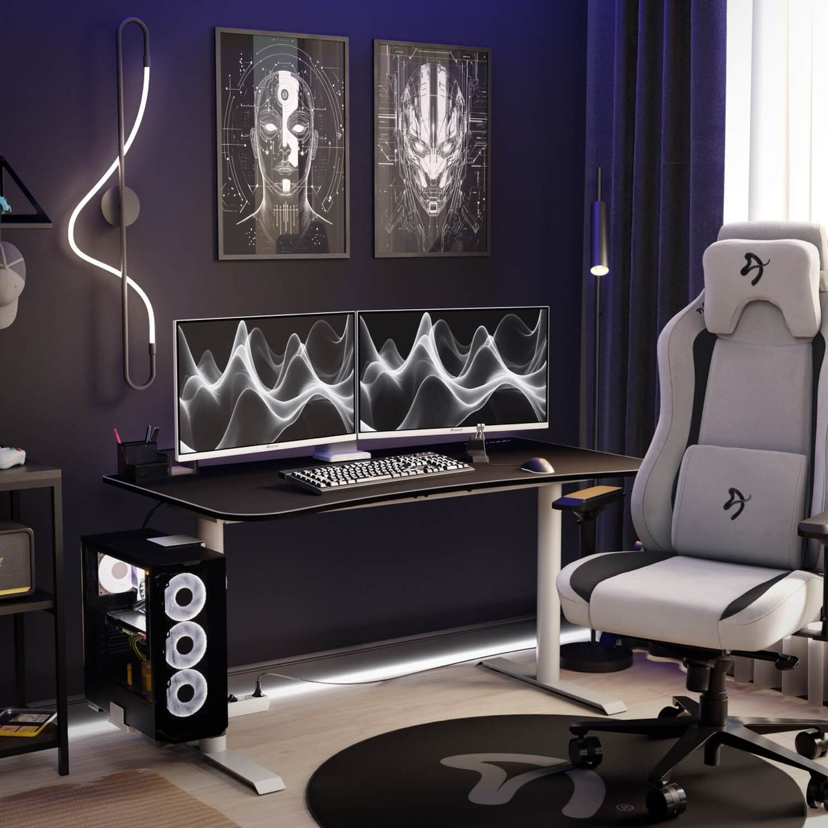 Modern setup with dual monitors, white chair, and Arena Gaming Desk - Medium by Arozzi Europe.
