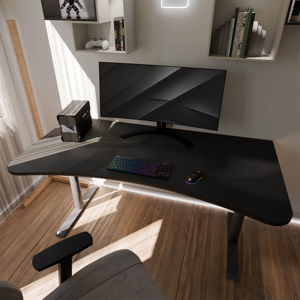 Modern desk setup with Arozzi Europe Arena Mousepad, curved monitor, keyboard, and mouse.