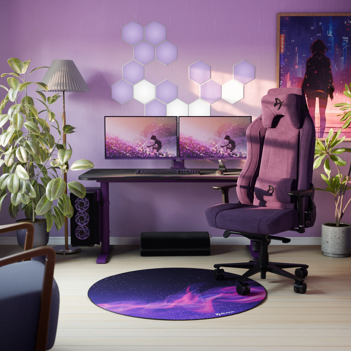 Purple gaming setup with dual monitors, Arozzi Europe Arena Mousepad, plants, and hex wall lights.