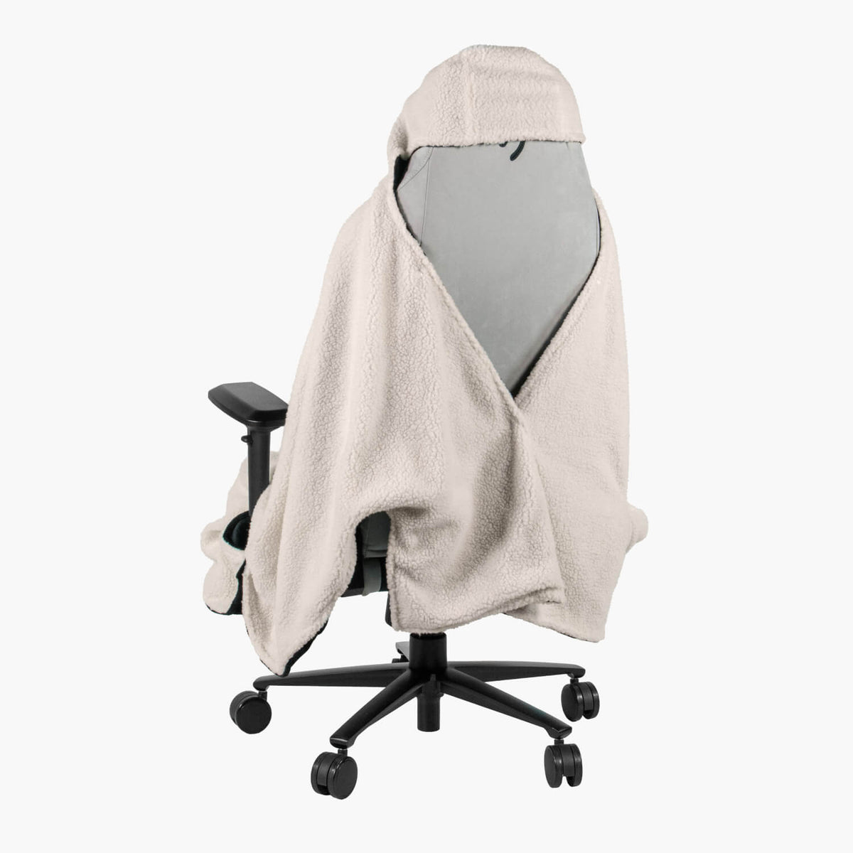 Arozzi Europe Chair Blanket in light gray, draped over an office chair and seen from behind.