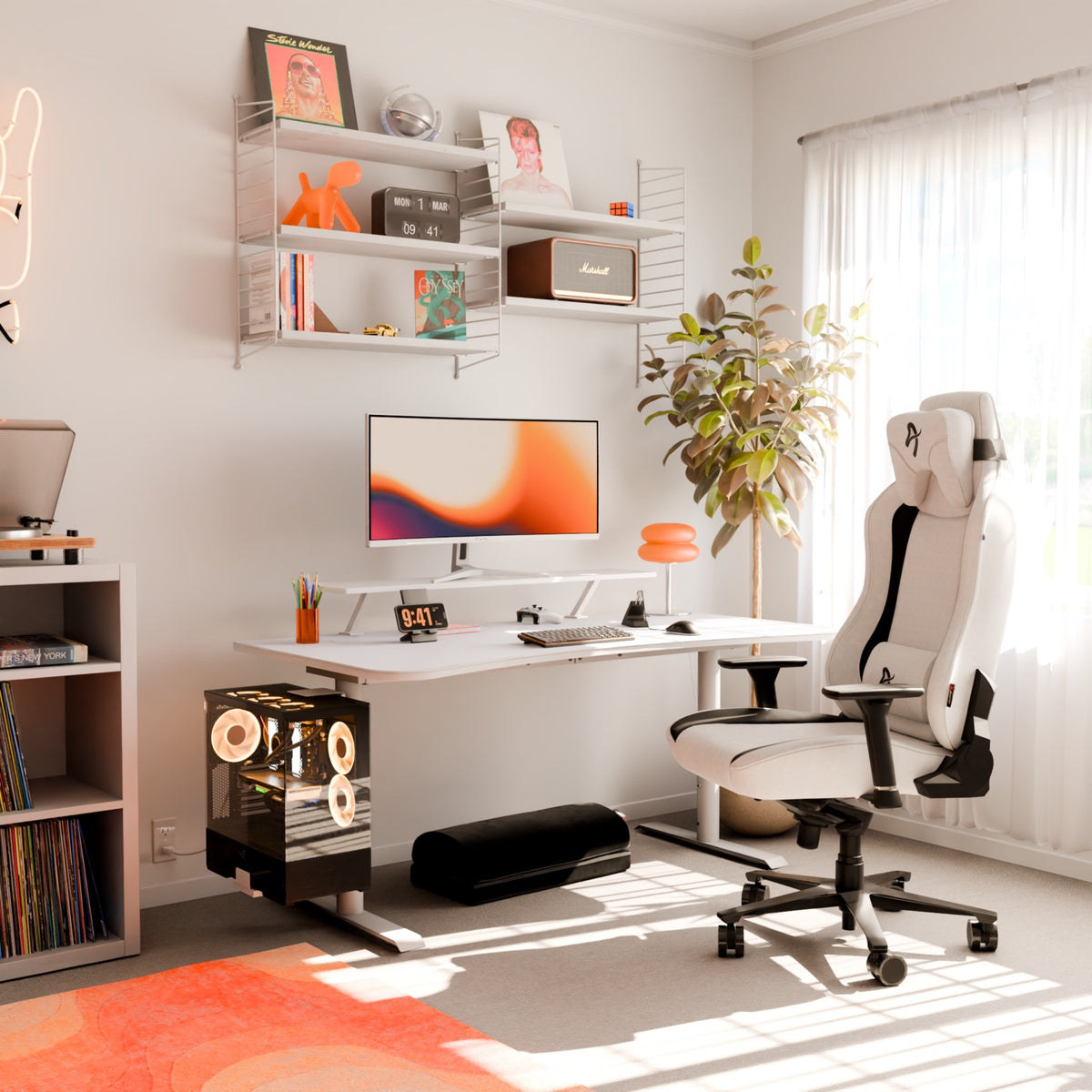 Modern home office with white desk, Arozzi Nova 34″ 165Hz curved monitor, shelves, and sunlight.