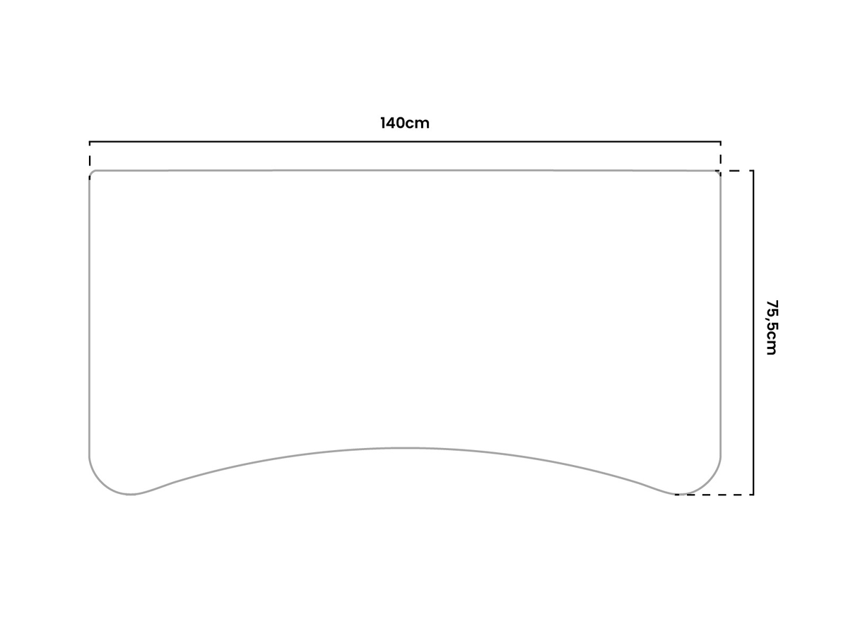 Rectangular desk top, 140cm wide and 75.5cm deep, with a curved edge at the bottom.