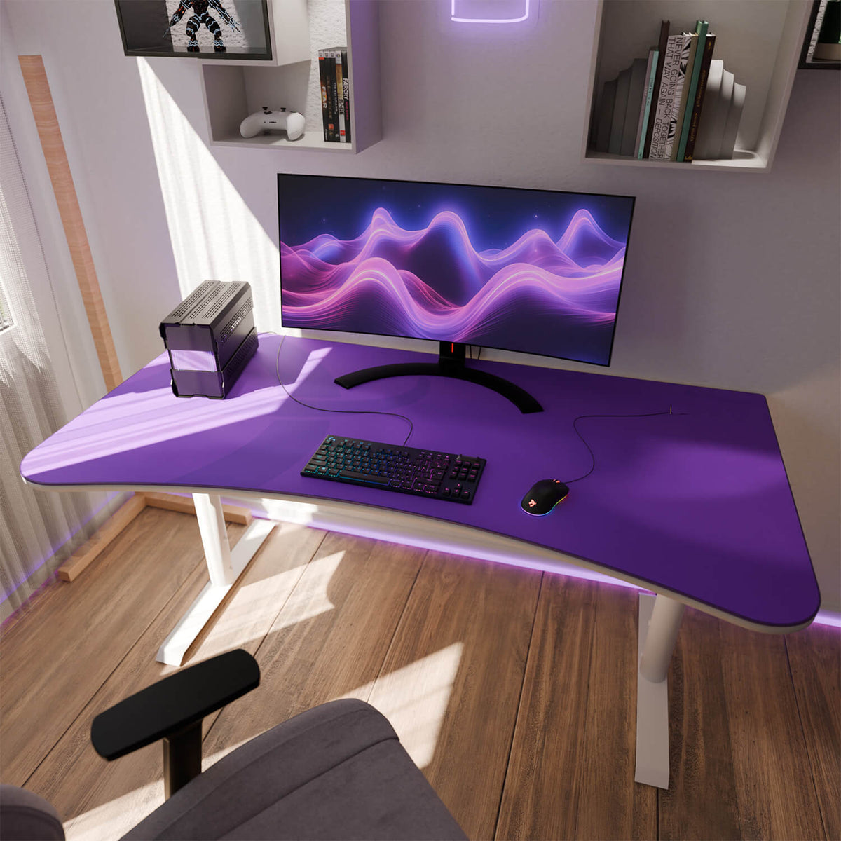 Purple desk with Arozzi Europe Arena Mousepad, monitor, keyboard, mouse, and small PC.
