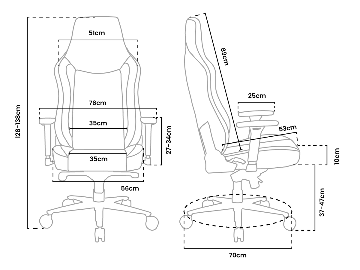 Line drawing of an office chair with detailed measurements in centimeters on each part.