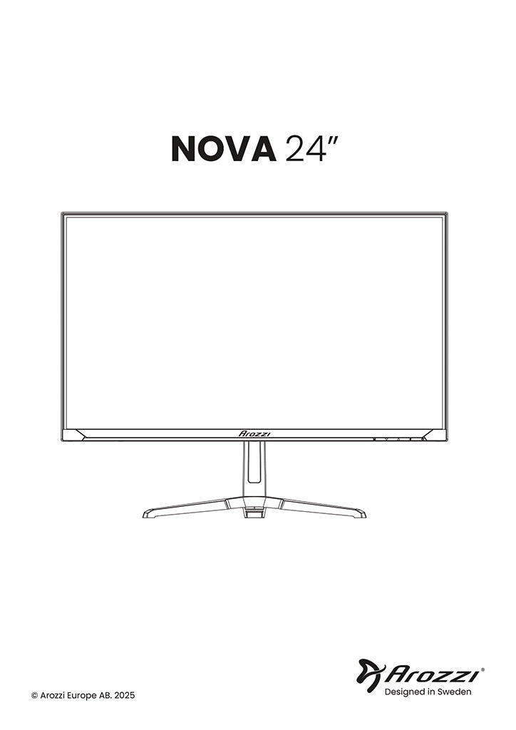 Line drawing of a 24-inch Arozzi NOVA monitor with a stand, brand logos visible.
