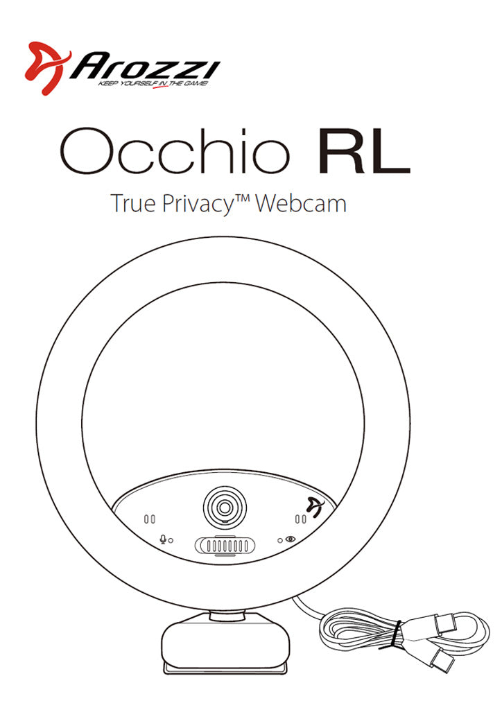 Line drawing of a ring light webcam with text: Occhio RL True Privacy™ Webcam.