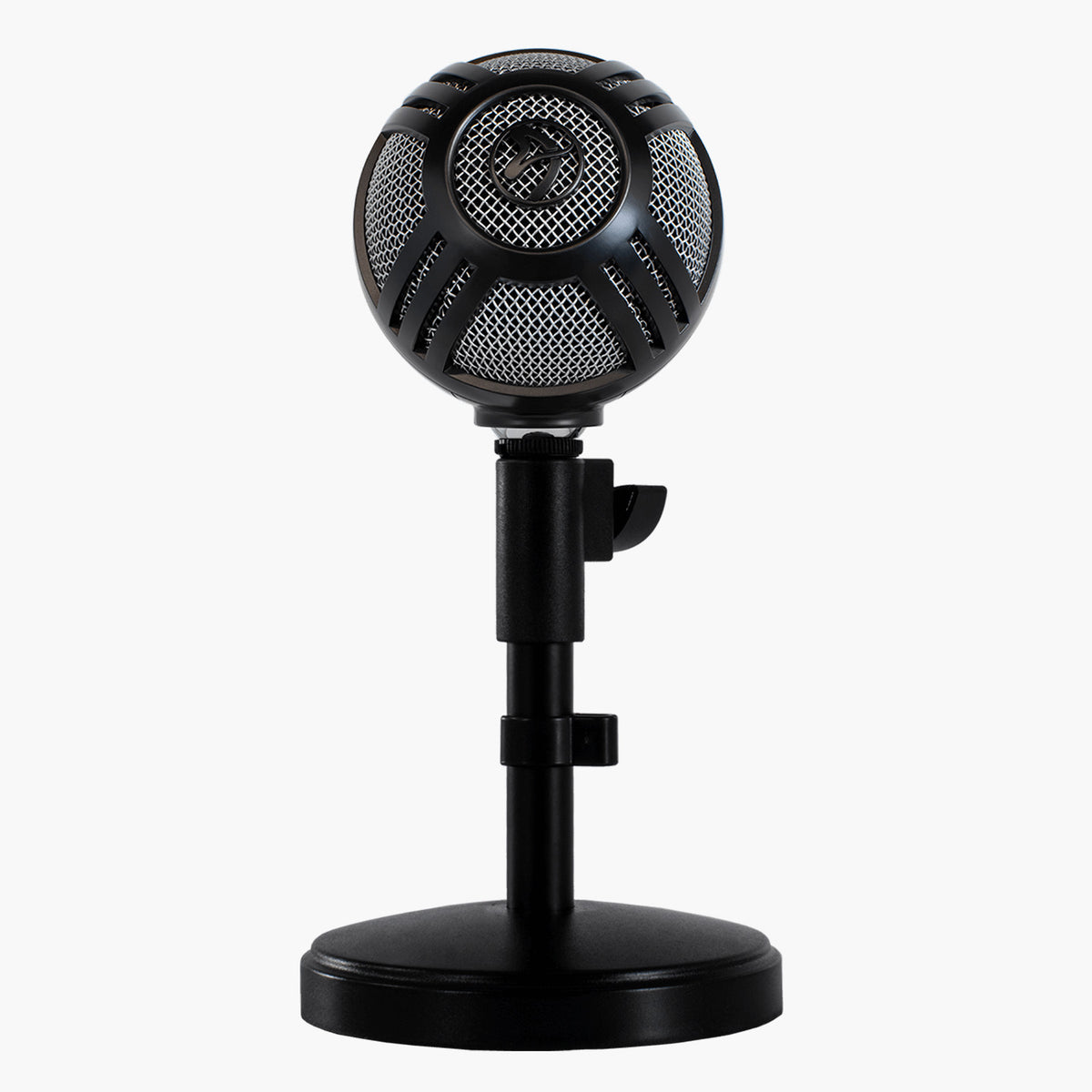 Arozzi Europe Sfera Pro Microphone in black and silver on stand with white background.