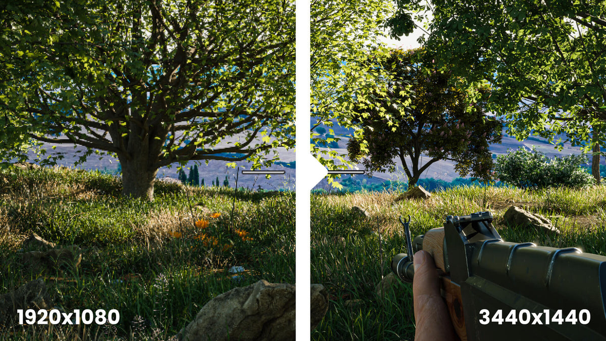 Split image comparing 1920x1080 and 3440x1440 game graphics with trees and a weapon.