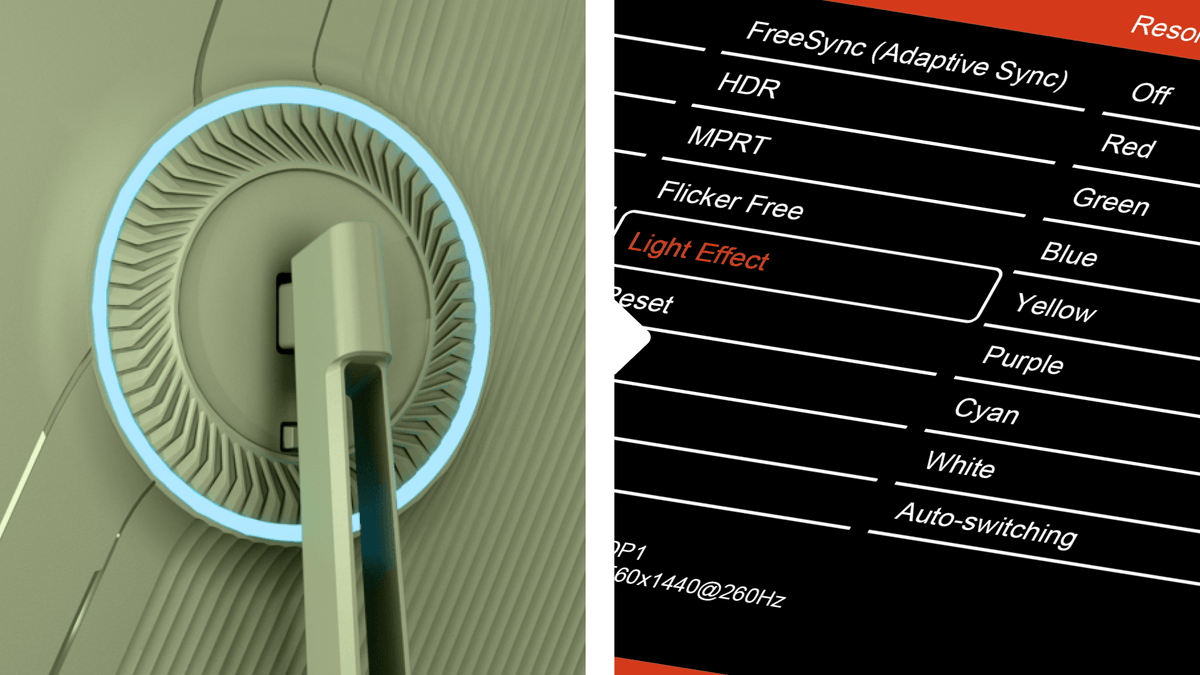 Monitors glowing light ring and on-screen settings for color customization options.