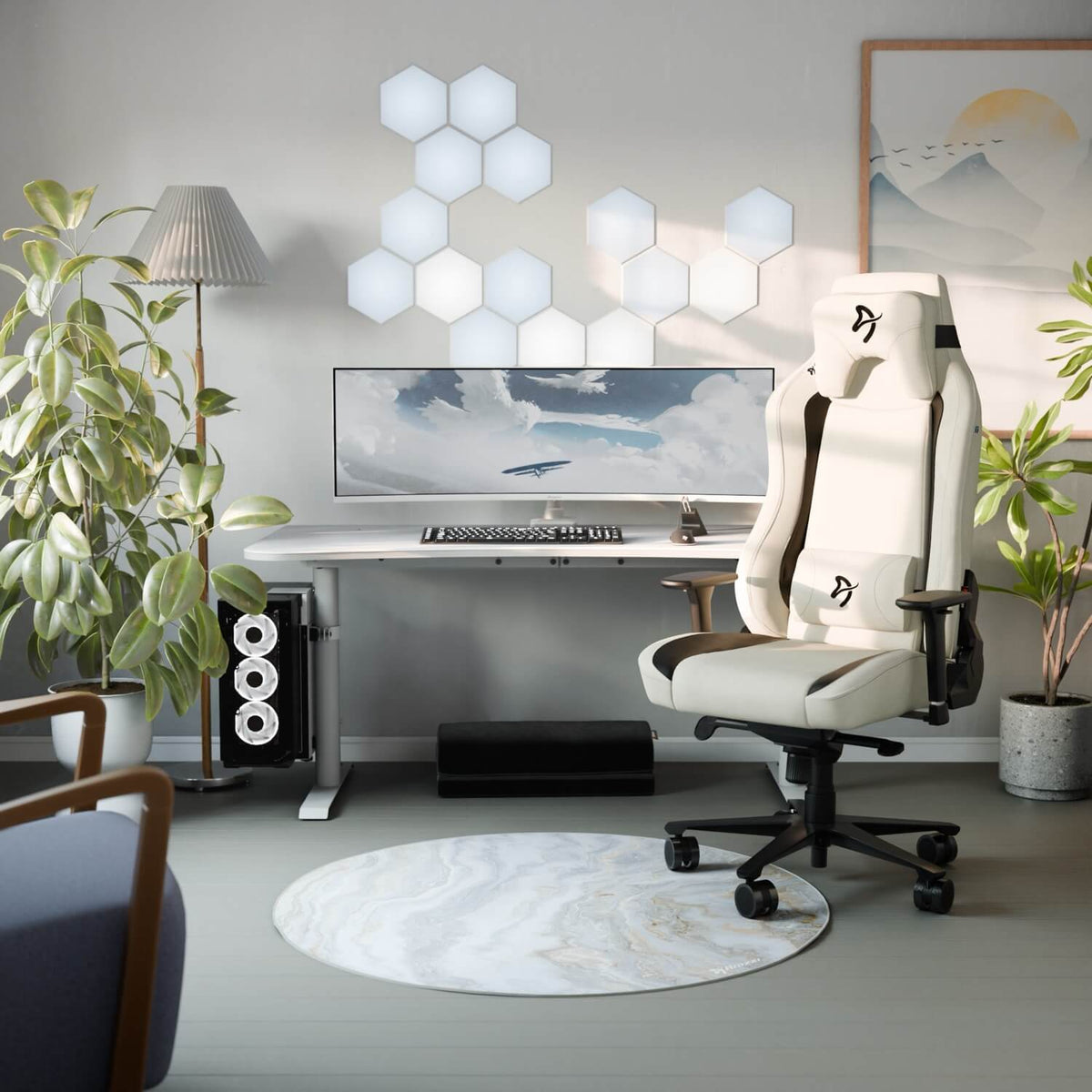 Modern setup: Arena Gaming Desk by Arozzi, white chair, plants, cable management, wall lights.