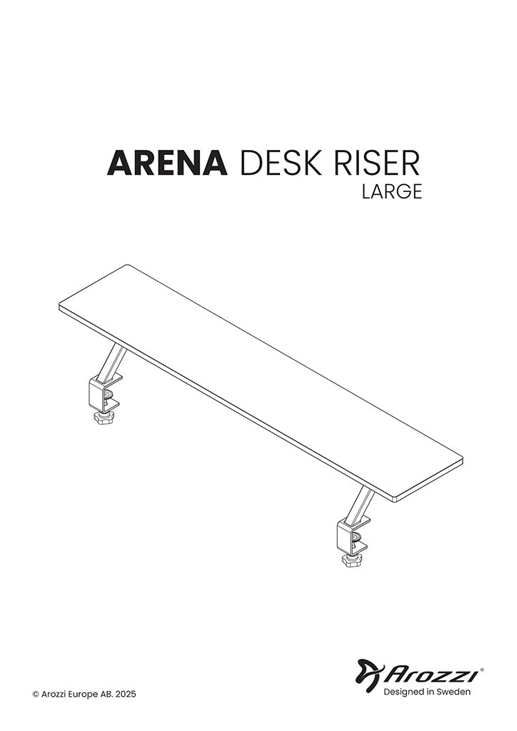 Line drawing of a large desk riser with two clamp mounts, labeled Arena Desk Riser Large..