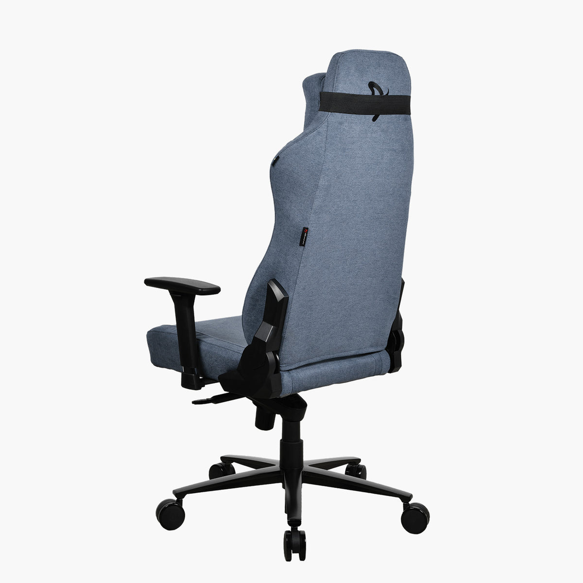 Arozzi Europe Vernazza Soft Fabric chair: blue, adjustable, black arms, wheeled base, side view.